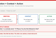 Diagram of the Emotion plus Context plus Action title formula, showing a flat title rebuilt into a title with pull