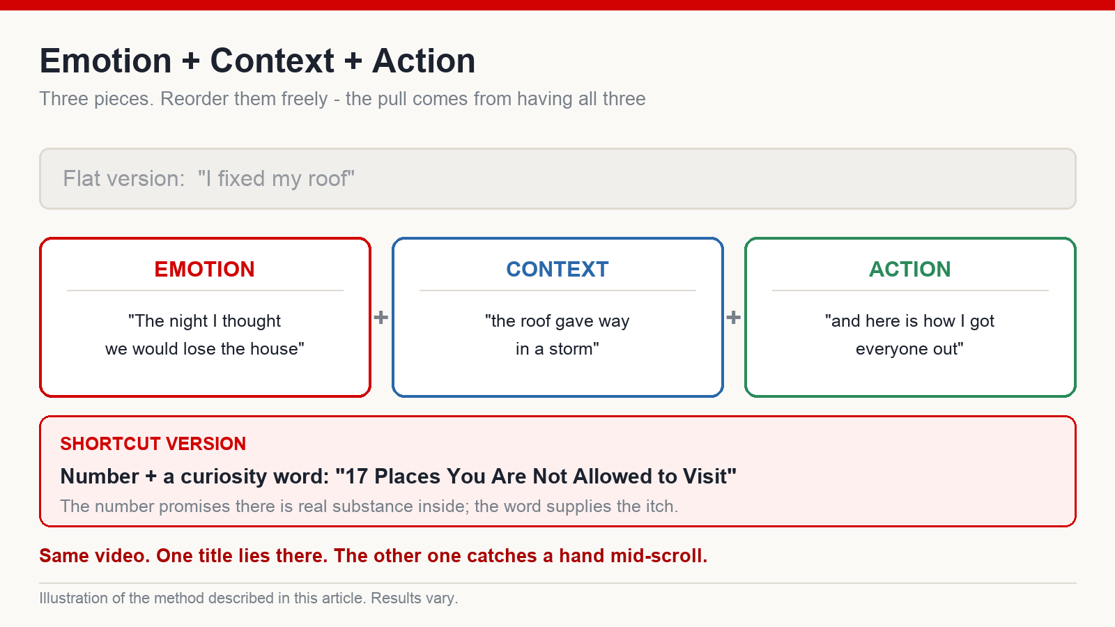 Diagram of the Emotion plus Context plus Action title formula, showing a flat title rebuilt into a title with pull