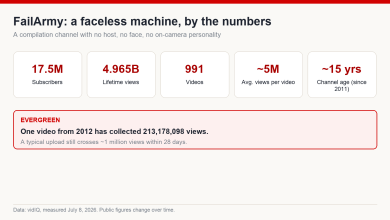 Infographic of FailArmy channel statistics: 17.5 million subscribers, 4.965 billion views, 991 videos