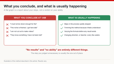 Two columns contrasting what creators conclude when a channel stalls with what is usually actually happening, from skipped steps to constant changes of direction
