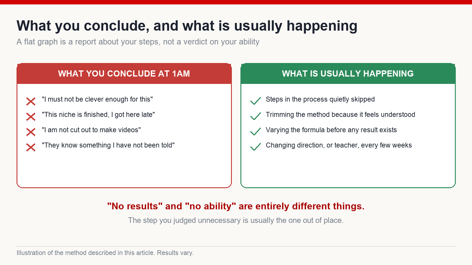 Two columns contrasting what creators conclude when a channel stalls with what is usually actually happening, from skipped steps to constant changes of direction