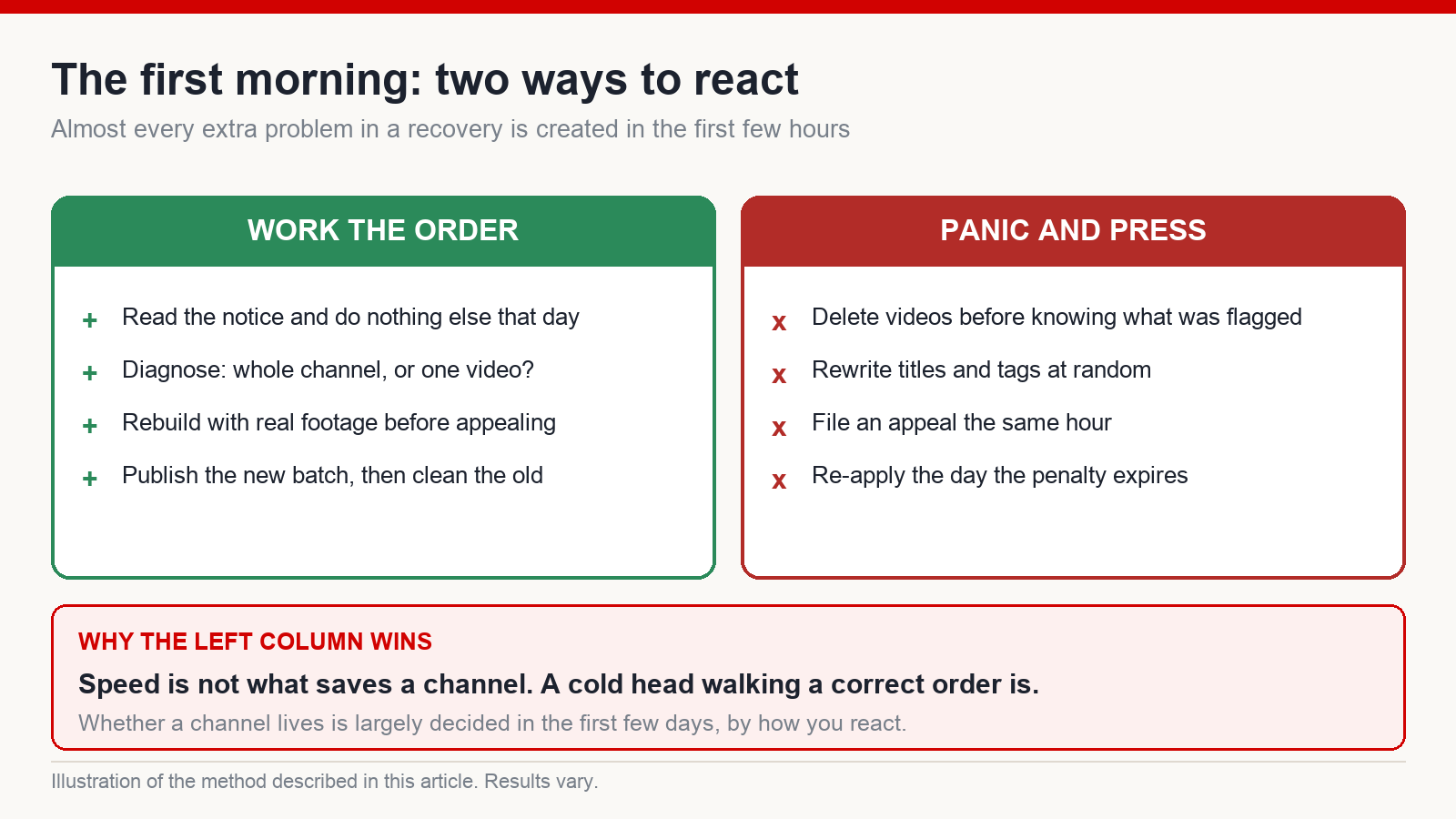 Two-column comparison of the panic response to a demonetization email versus the correct sequence of diagnosis, rebuild and only then re-applying