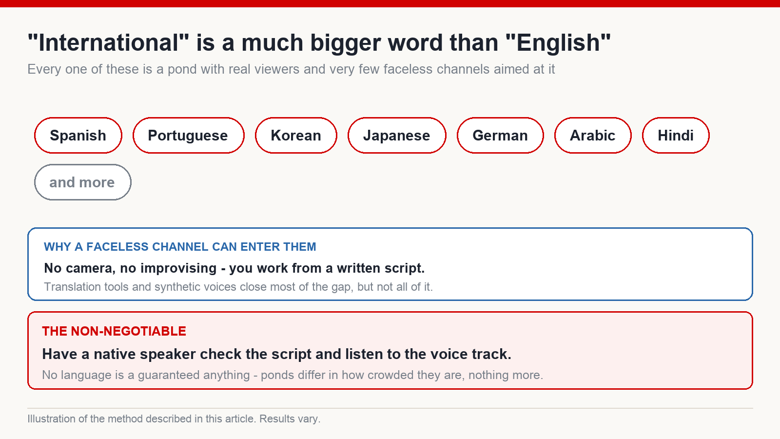 Diagram showing language markets beyond English - Spanish, Portuguese, Korean, Japanese, German, Arabic, Hindi - as separate ponds with real audiences and fewer faceless competitors