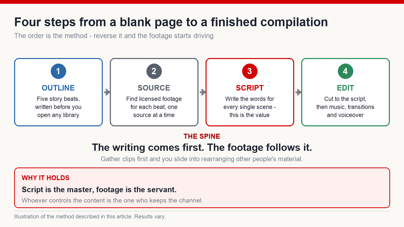 Four-step framework for a scripted compilation: outline first, then source footage per beat, then write the script, then edit