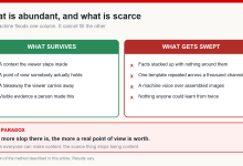 Two-column comparison of what a content machine floods the platform with versus what it cannot produce: context, lived truth and a takeaway