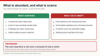 Two-column comparison of what a content machine floods the platform with versus what it cannot produce: context, lived truth and a takeaway