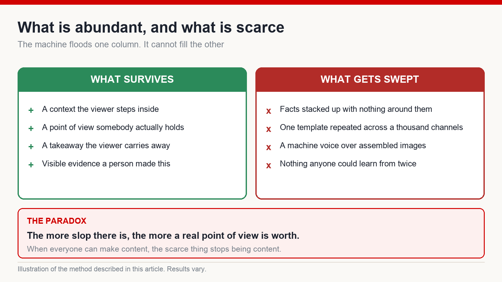 Two-column comparison of what a content machine floods the platform with versus what it cannot produce: context, lived truth and a takeaway
