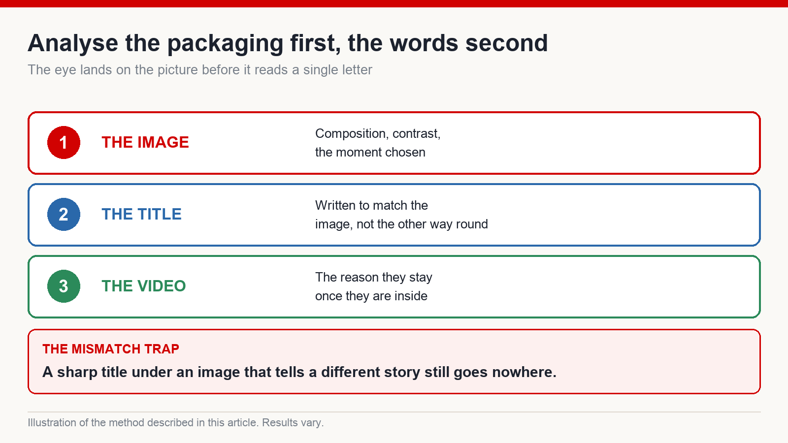Three-step order for analysing a video package: the image first, then the title written to match it, then the video itself
