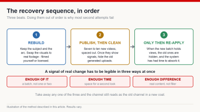 Three-stage recovery sequence: rebuild videos with real footage, publish a batch of new uploads and hide the old ones, and only then re-apply for monetization