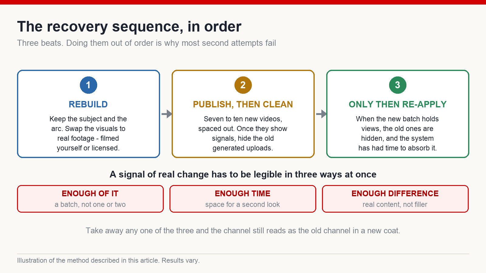 Three-stage recovery sequence: rebuild videos with real footage, publish a batch of new uploads and hide the old ones, and only then re-apply for monetization