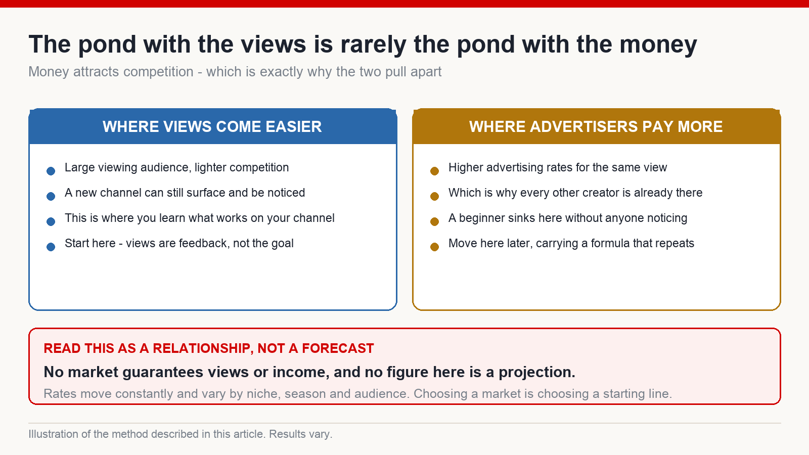 Two columns contrasting a market where views come more easily against a market with higher advertising rates and far heavier competition