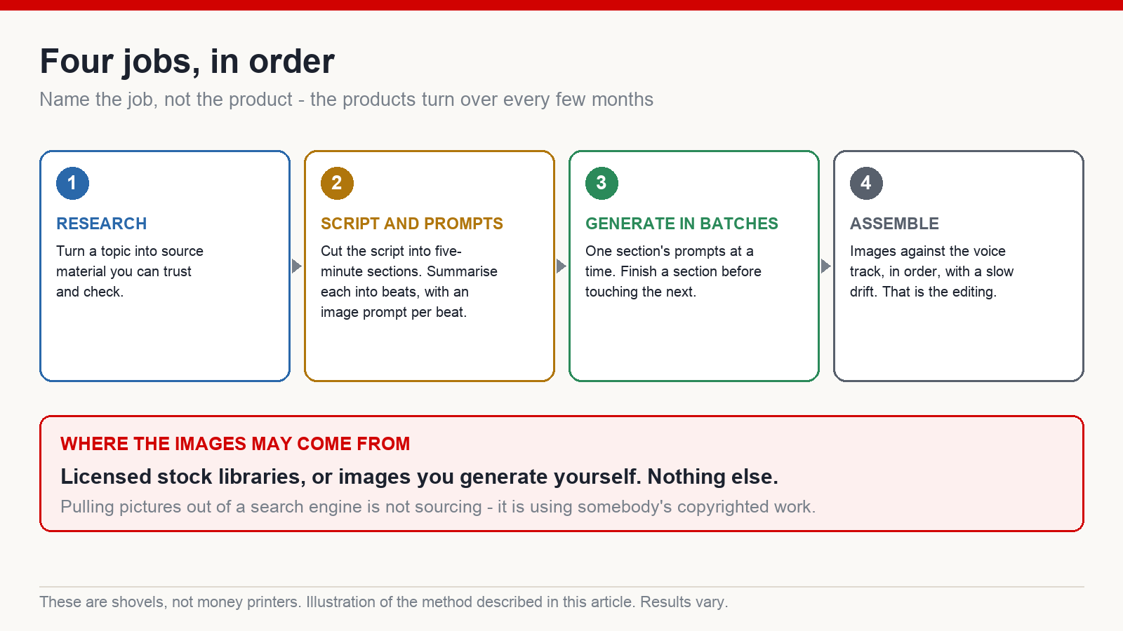 A four-stage minimal production line for slideshow videos: research and source material, script and image prompts in five-minute sections, batch image generation, then assembly with the voice track