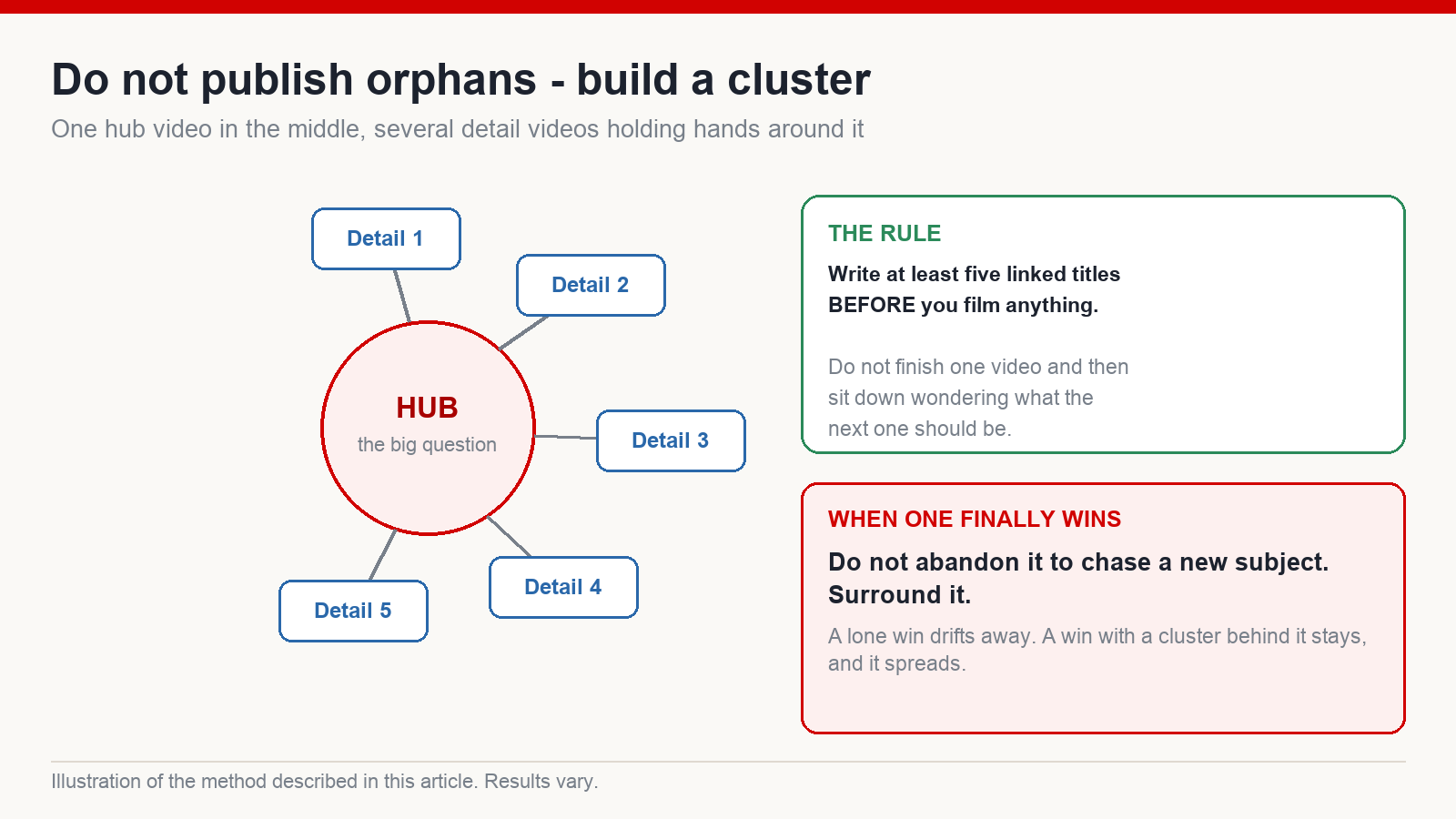 A hub video surrounded by linked detail videos forming a cluster, with the note that at least five linked titles should be written before filming starts