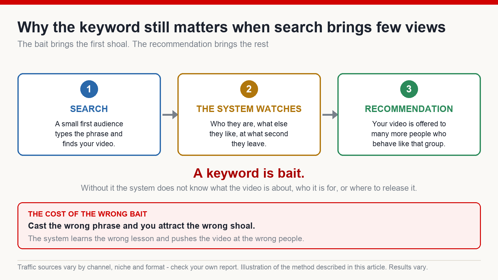 Diagram showing search delivering the first small audience whose behaviour teaches the algorithm who to recommend the video to
