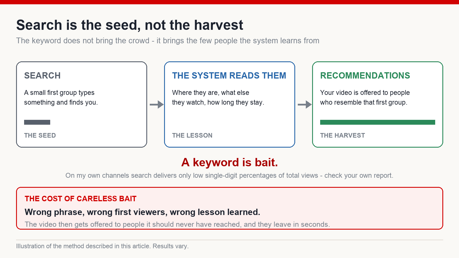 Diagram showing search delivering a small seed audience, the platform learning from that audience, and recommendations then delivering the bulk of the views