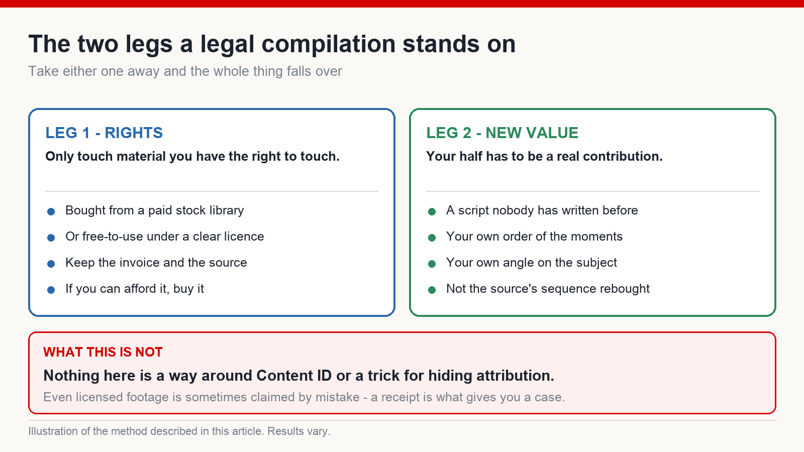 Diagram of the two conditions for a legal compilation: only material you hold the rights to, and genuine new value added on top