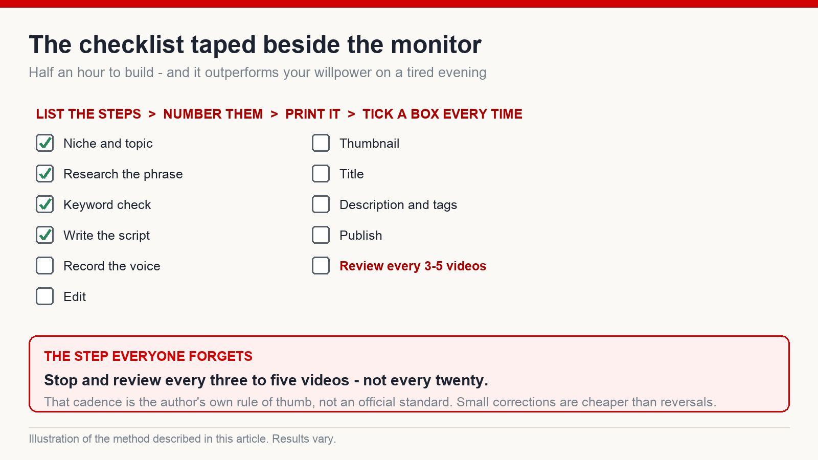 A production checklist built from the steps of making one video, numbered, printed and ticked off, with a periodic review step at the end
