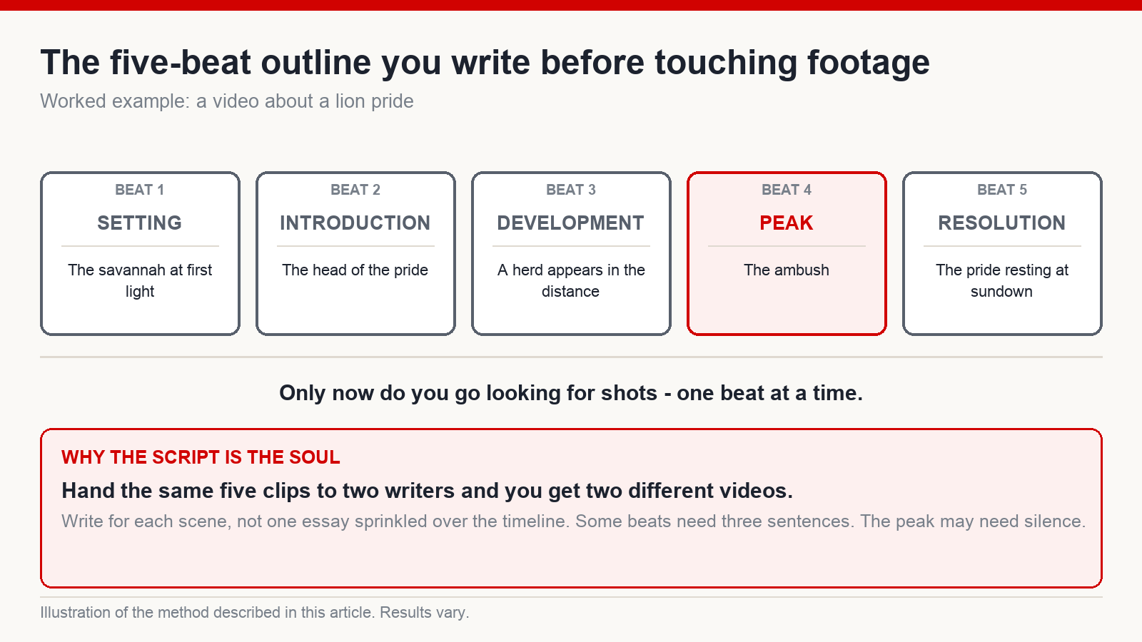 Five-beat story outline for a compilation video: setting, introduction, development, peak, resolution, with the same footage yielding different films