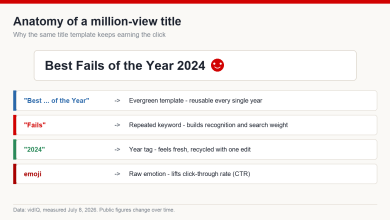 Anatomy of a compilation channel title, breaking Best Fails of the Year into an evergreen frame, a repeated keyword, a year tag and an emoji