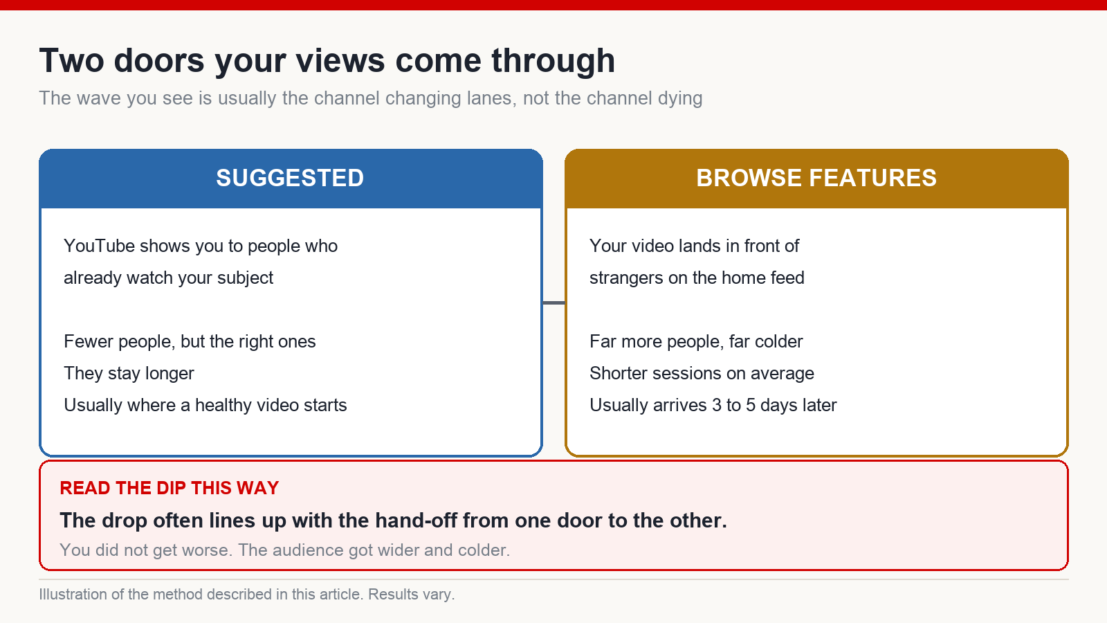 Comparison of suggested traffic and browse features traffic on YouTube, showing why impressions rise and fall as a channel changes lanes