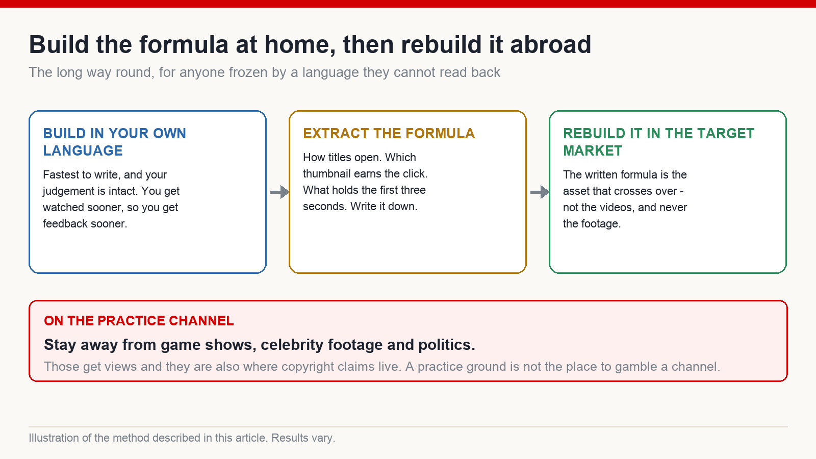 Three-stage sequence: build a channel in your own language, extract the repeatable winning formula, then rebuild that formula for the target language market