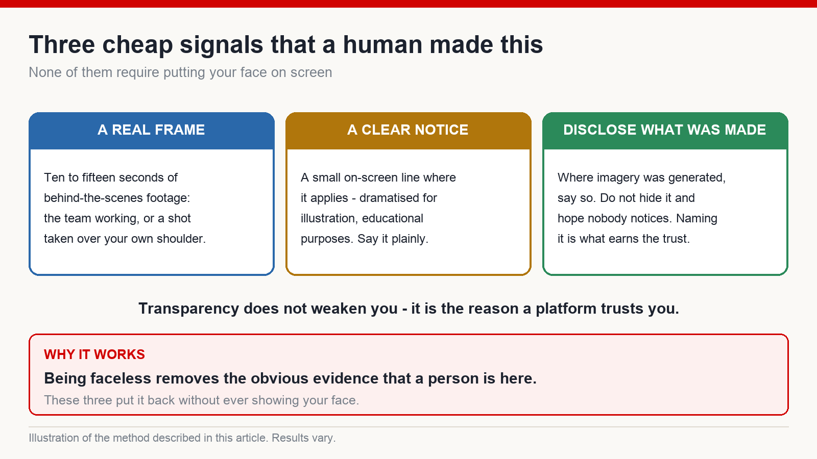 Three ways to leave evidence of a real person in a faceless video: a short behind-the-scenes insert, a clear on-screen notice, and disclosing generated imagery