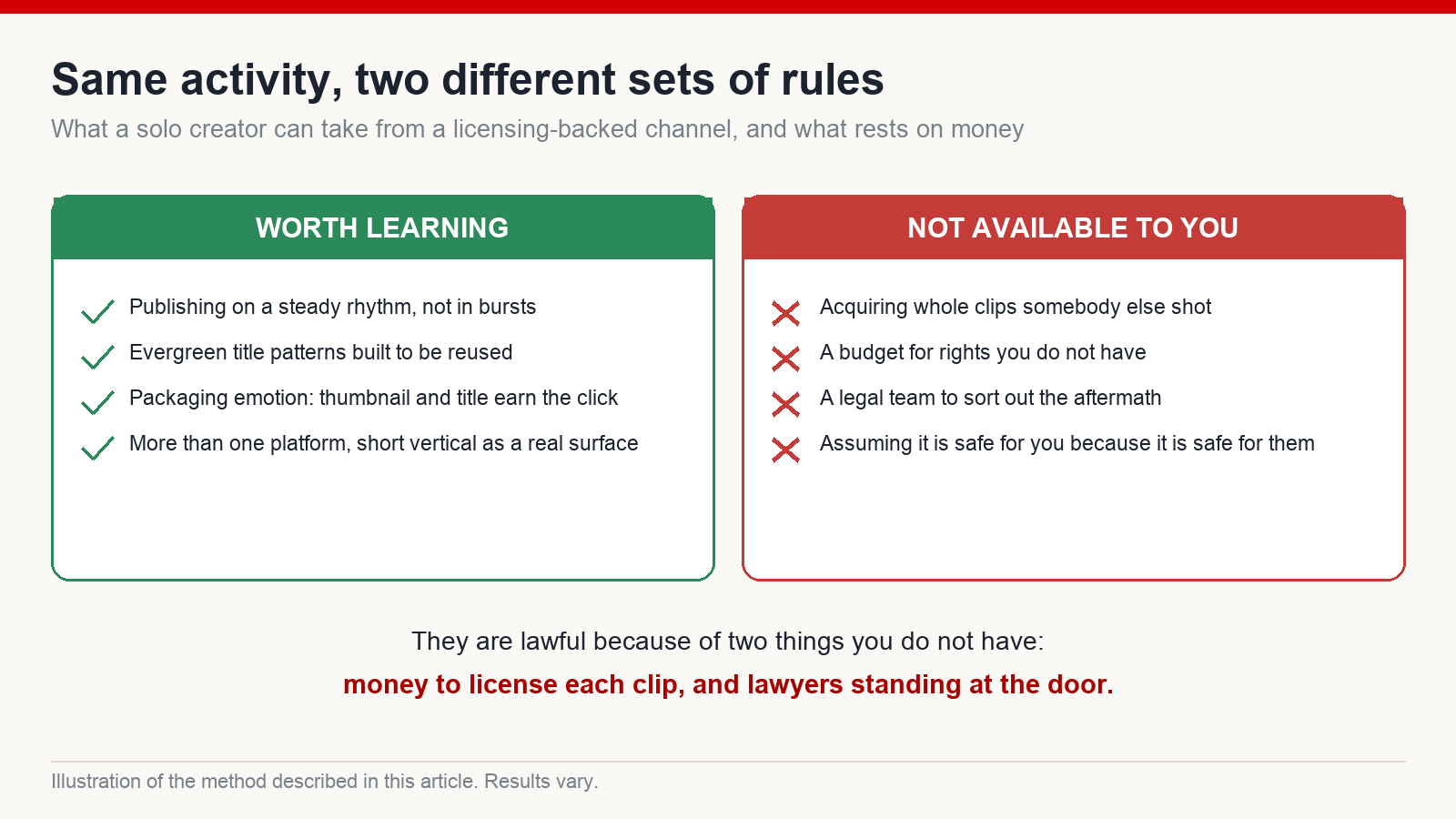 Two columns setting out what a solo creator can learn from a licensing-backed compilation channel and what cannot be copied because it rests on purchased rights and legal support
