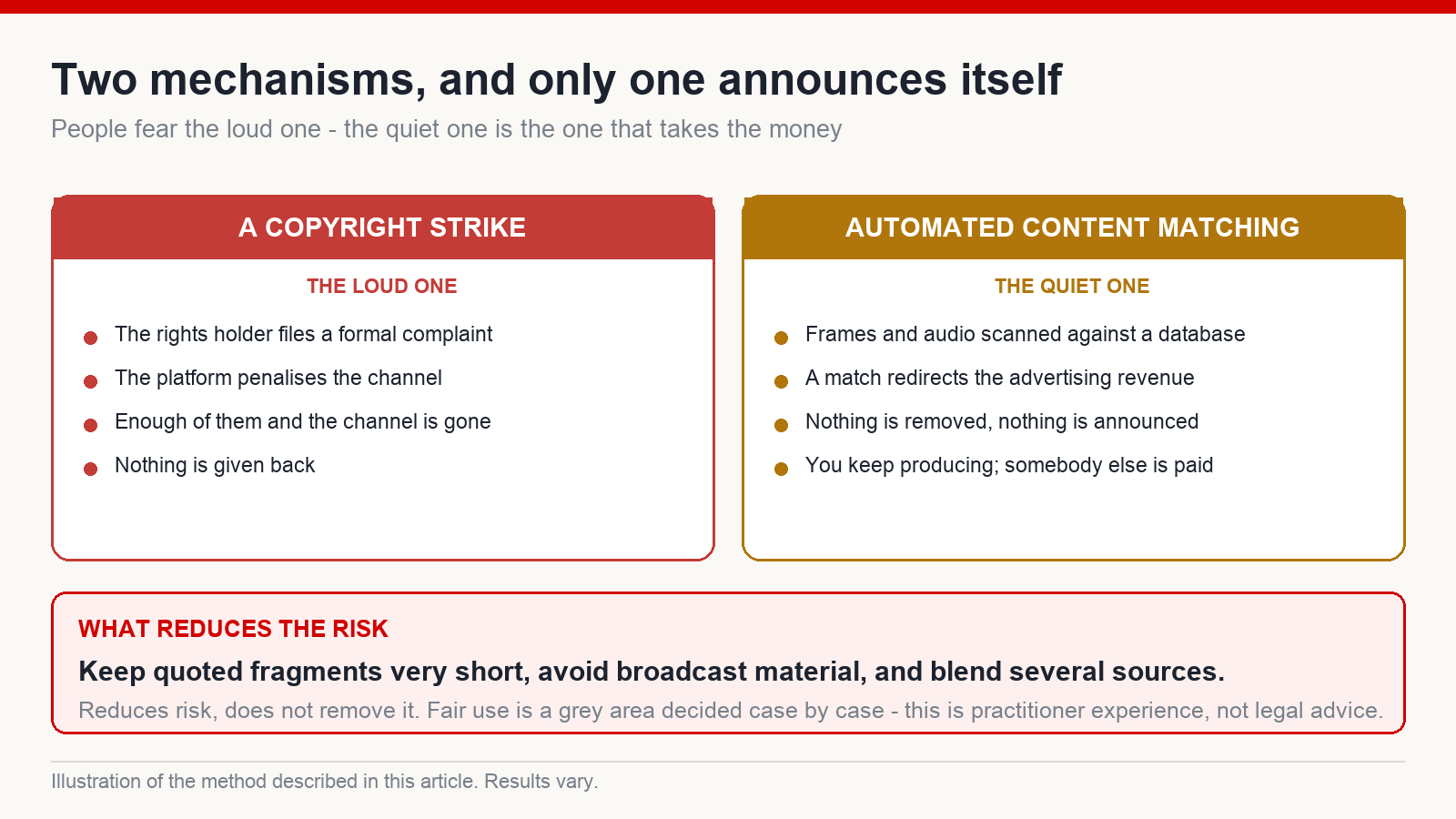 Comparison of two copyright enforcement mechanisms: a formal copyright strike that can remove a channel, and automated content matching that quietly redirects advertising revenue