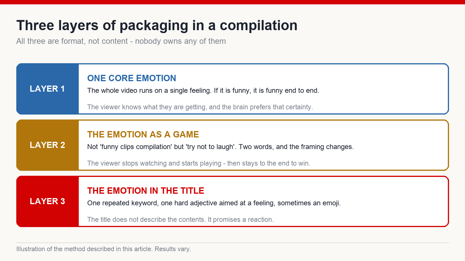 Three layers of packaging in a compilation video: one core emotion, the emotion turned into a game, and the emotion promised in the title