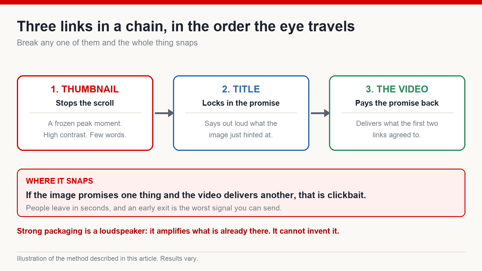 Chain diagram showing thumbnail stopping the scroll, title locking the promise and the video paying the promise back