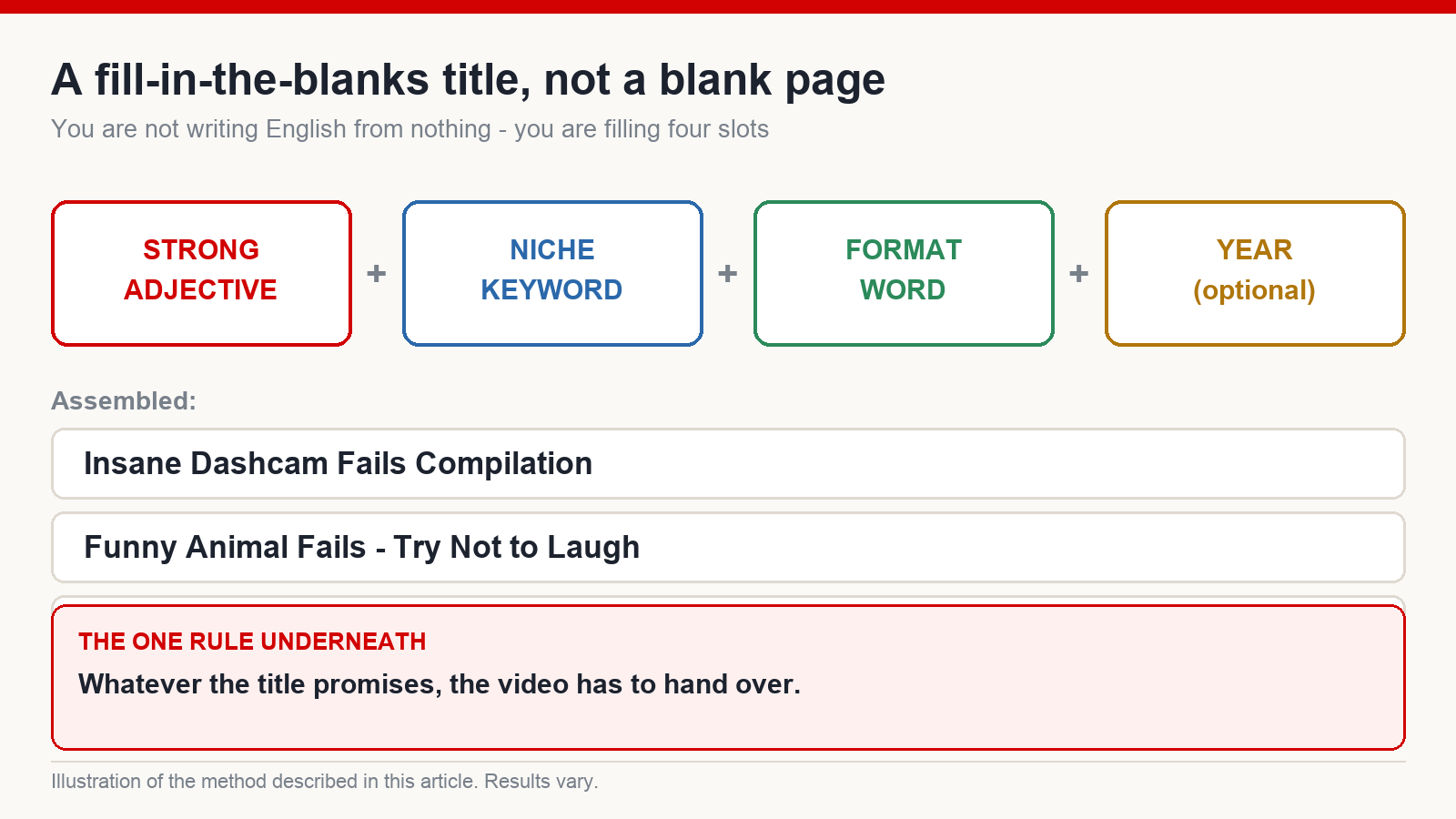 Four-slot English YouTube title formula combining a strong adjective, a niche keyword, a format word and an optional year