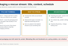 Diagram of the three decisions in a rescue live stream: title and thumbnail options, what you stream, and the upload schedule during recovery