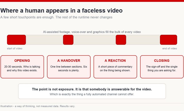 Timeline of a video marking four short points where a human appears: opening, handover, reaction and closing