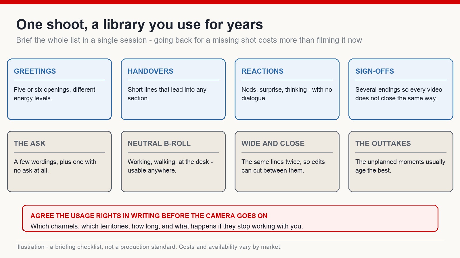 Briefing checklist of eight reusable presenter assets to capture in a single filming session