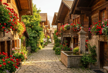 A narrow alpine village lane between wooden chalets with red geraniums in the window boxes and a stone fountain
