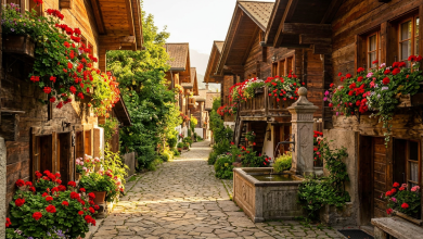 A narrow alpine village lane between wooden chalets with red geraniums in the window boxes and a stone fountain