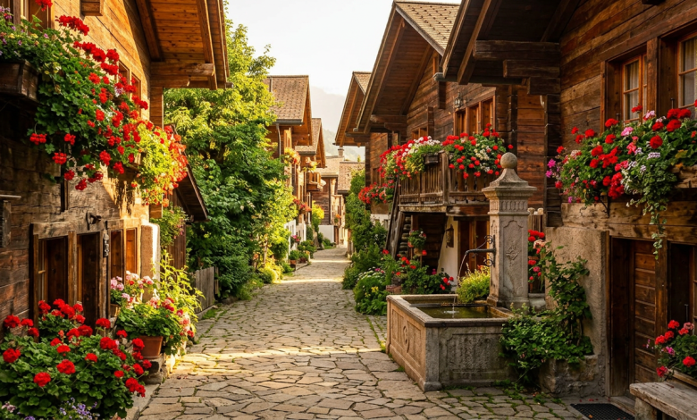 A narrow alpine village lane between wooden chalets with red geraniums in the window boxes and a stone fountain