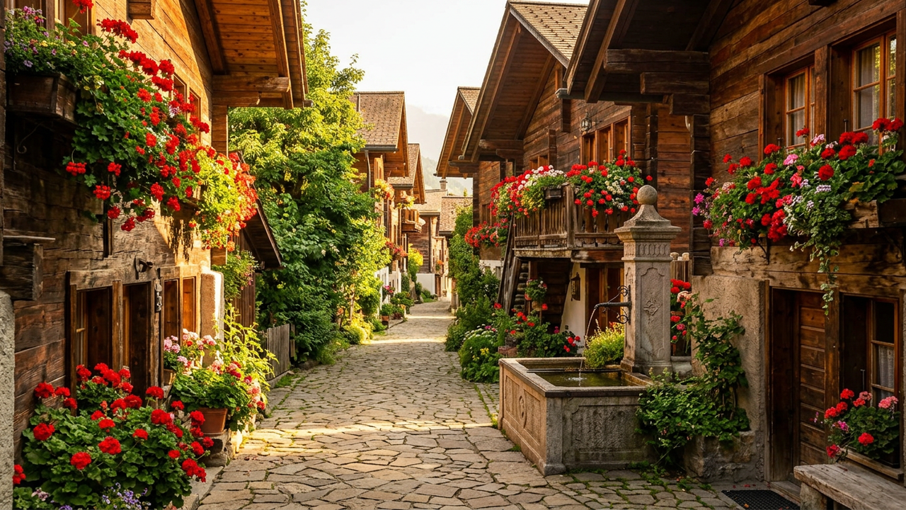 A narrow alpine village lane between wooden chalets with red geraniums in the window boxes and a stone fountain