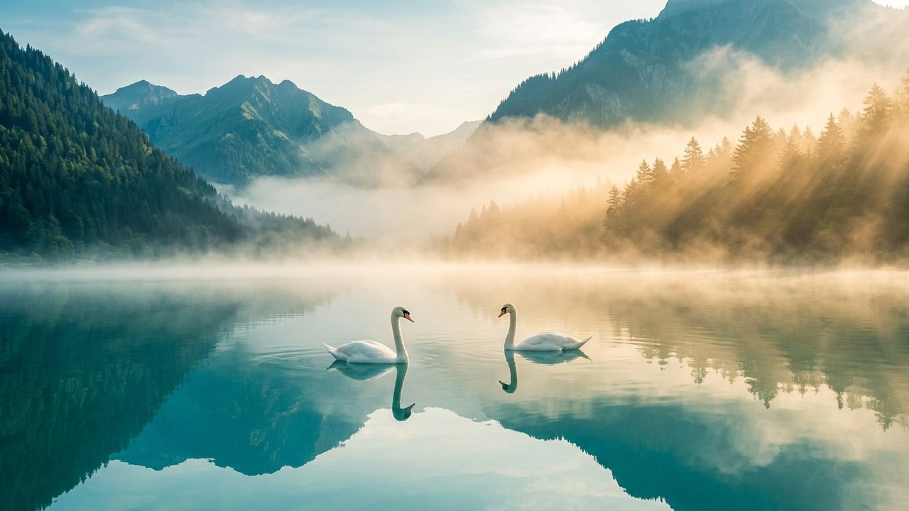 Two swans on a still mountain lake at sunrise with mist over the water and forested slopes behind