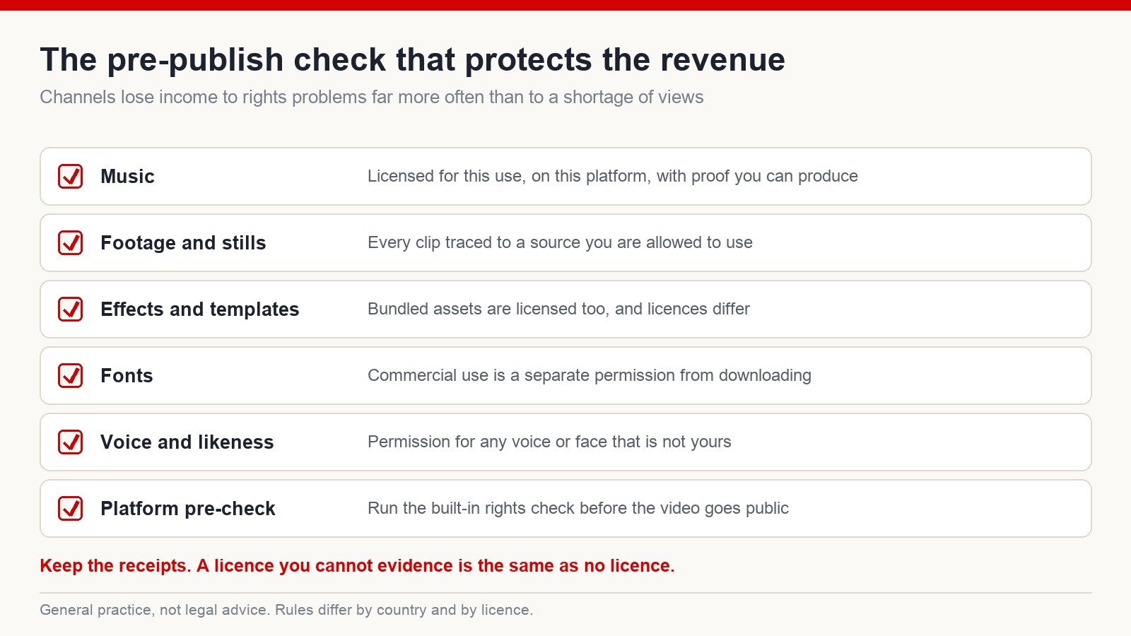 Pre-publish checklist covering music, footage, effects, fonts, voice permissions and the platform's built-in rights check