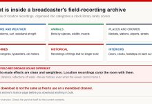 Six categories inside a broadcaster's field recording archive: nature, animals, places, machines, historical recordings and interiors