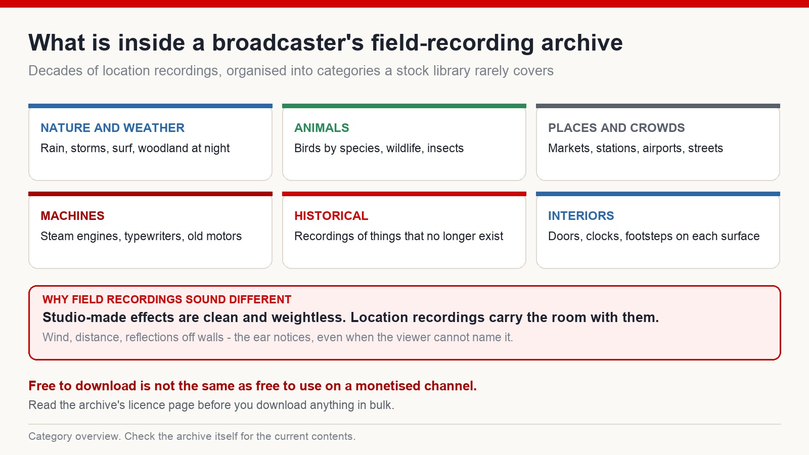 Six categories inside a broadcaster's field recording archive: nature, animals, places, machines, historical recordings and interiors