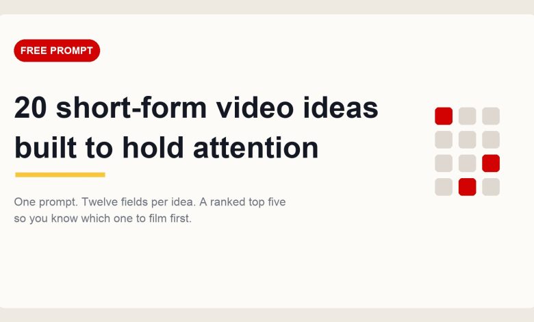Cover graphic reading twenty short-form video ideas built to hold attention