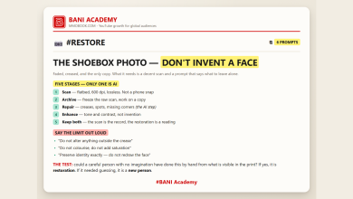 BANI Academy card: the five stages of restoring an old family photo, and the limits to state in the prompt