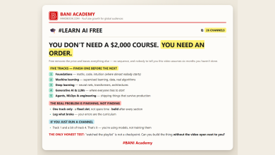 BANI Academy card: five tracks for learning AI free on YouTube, in order, and the protocol for actually finishing one