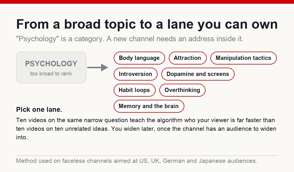 Diagram showing a broad psychology topic narrowing into specific micro-niches such as body language, habit loops and overthinking