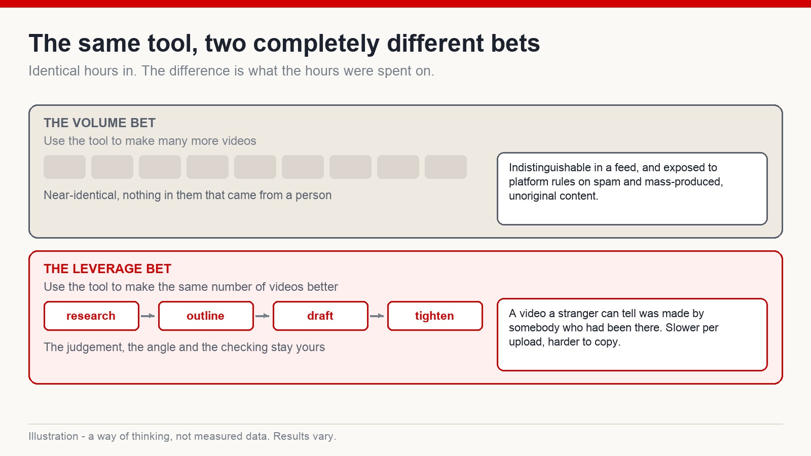 Diagram contrasting a volume strategy of many identical videos with a leverage strategy of fewer, better researched ones