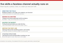 Diagram listing five skills a faceless channel runs on: directing AI tools, editing to a rhythm, reading the market, writing the first line, and studying proven structures