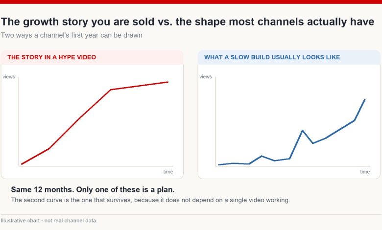 Two illustrative line charts comparing the smooth growth curve shown in hype videos with the flat, spiky curve a real channel usually has in its first year