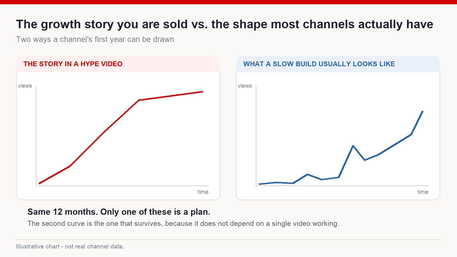 Two illustrative line charts comparing the smooth growth curve shown in hype videos with the flat, spiky curve a real channel usually has in its first year